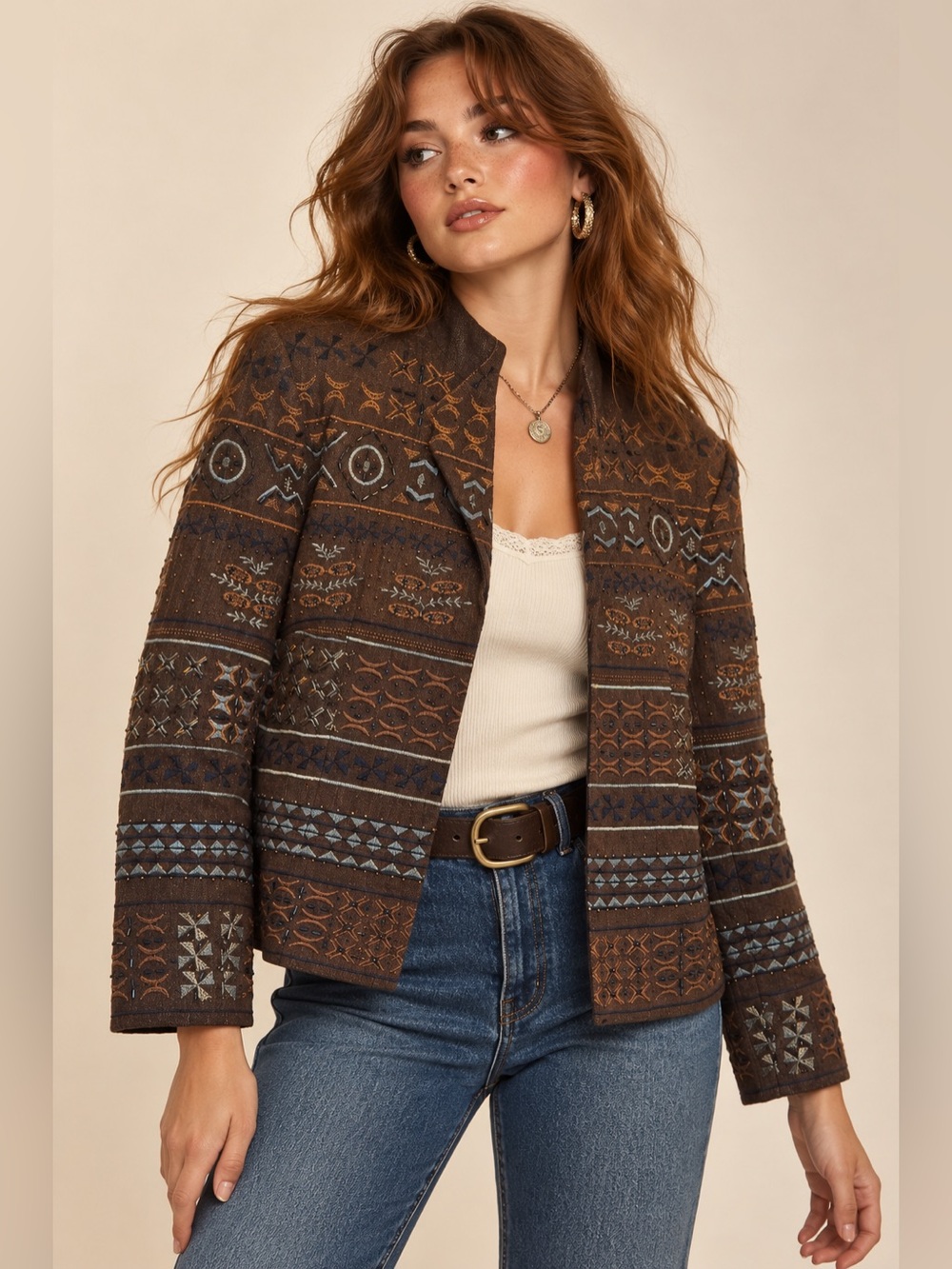 Vintage Coldwater Creek Brown Embroidered Beaded Boho Jacket Y2K Artsy M